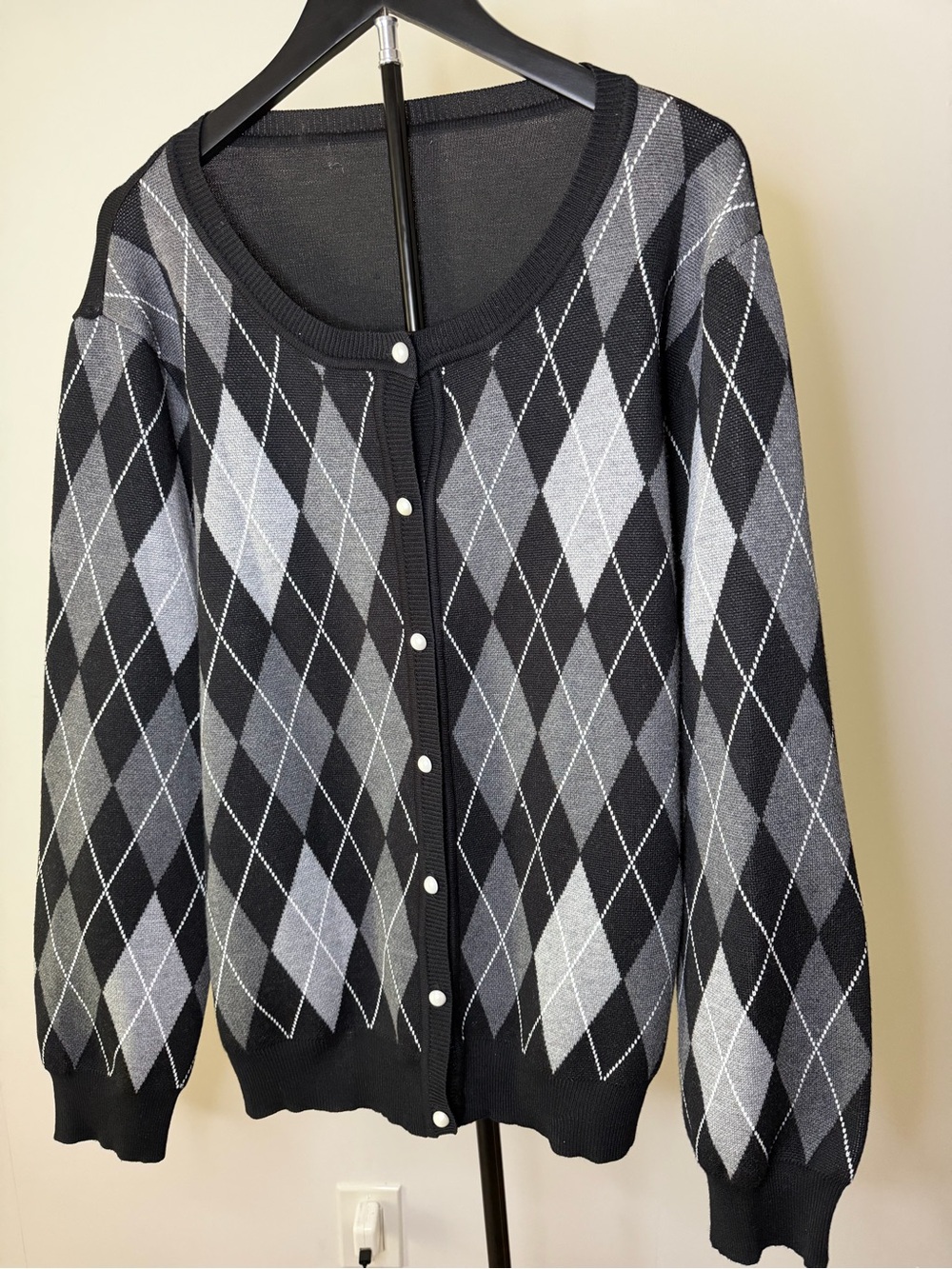 Classic Black & Gray Argyle Button-Front Sweater